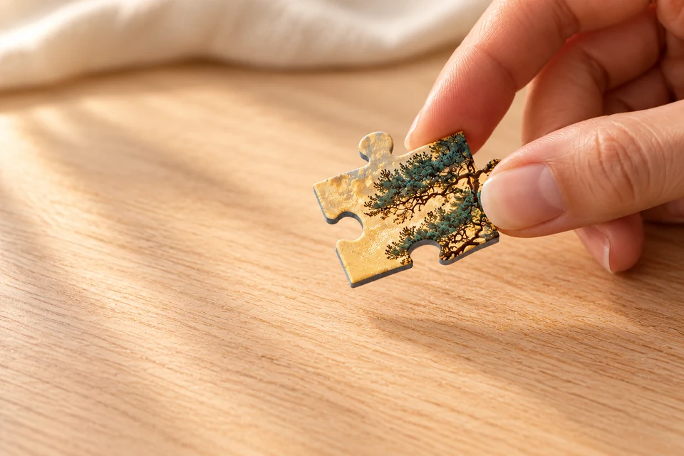 Dettaglio della superficie stampata e del taglio di un pezzo del puzzle